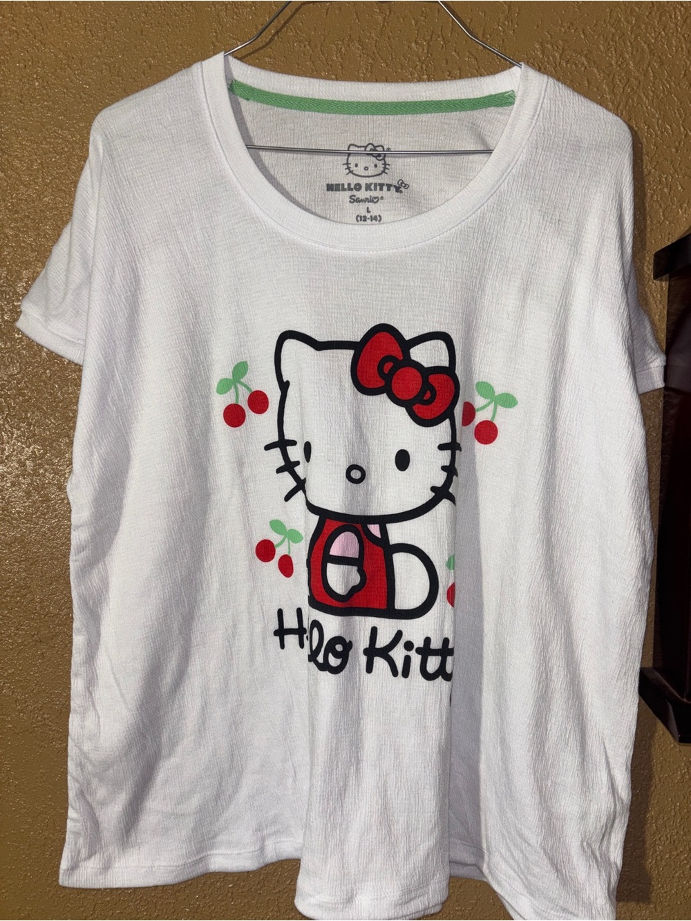 Hello Kitty White Short Sleeve Tee with Red Bow and Cherry Motifs
